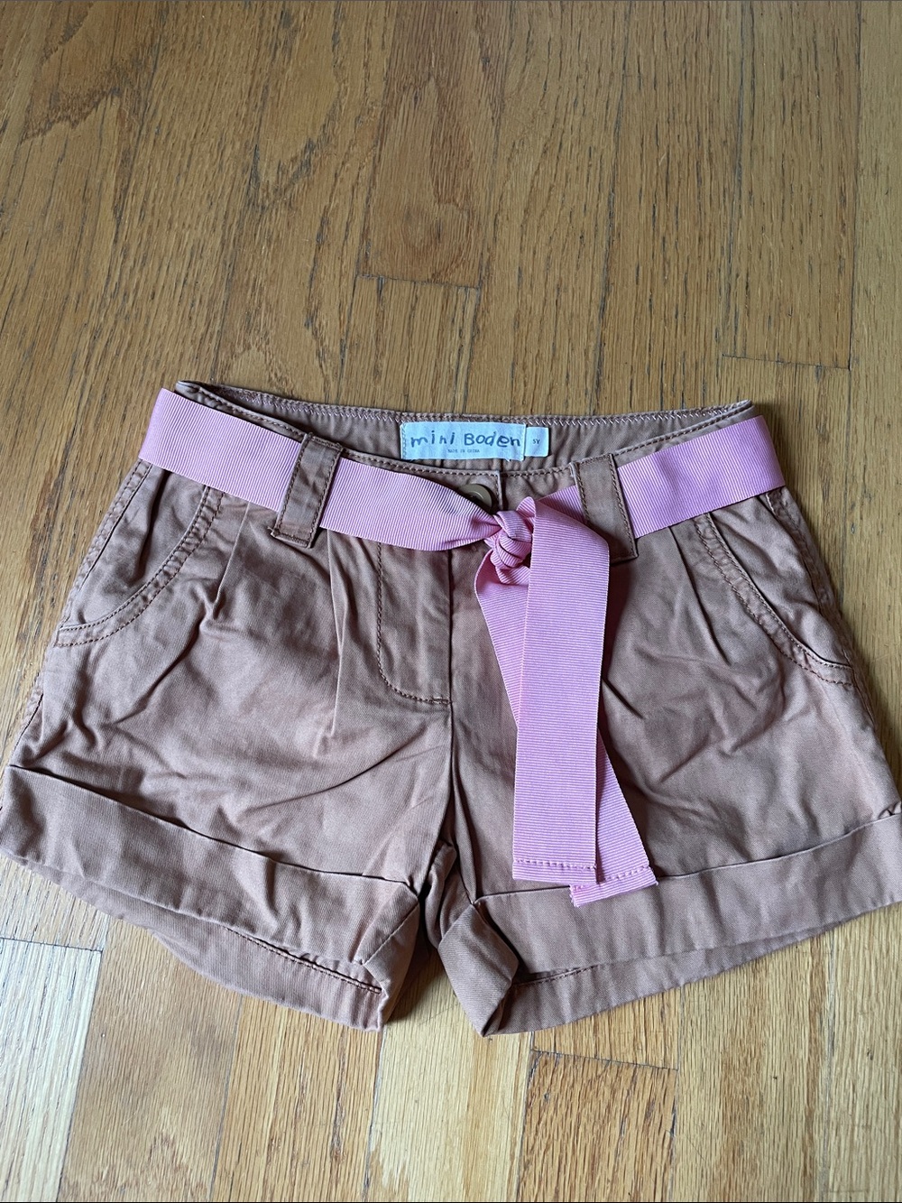Mini Boden Tan Shorts with Pink Belt